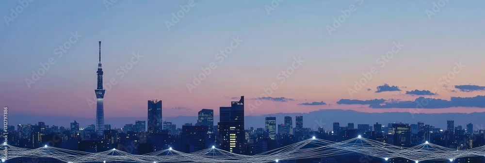 Fototapeta premium Calm cityscape with digital waves merging with sunset.