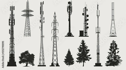 A collection of various communication towers and trees, showcasing technology and nature side by side.