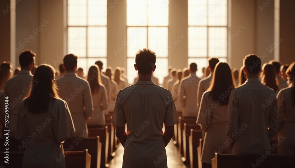 Gathered people in meditation inside a sunlit church Gathered people in meditation inside a sunlit church