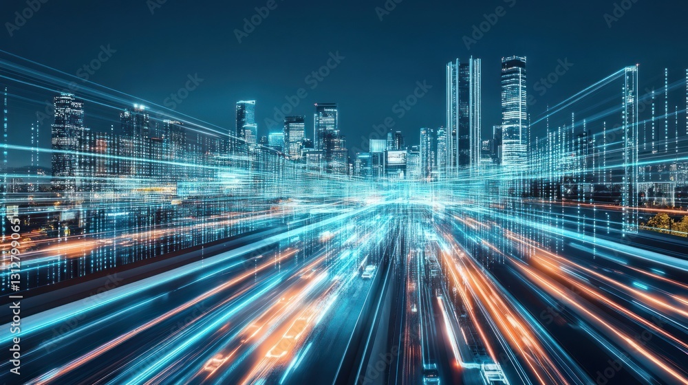 Futuristic Cityscape: Data Streams and Urban Highways at Night Futuristic Cityscape: Data Streams and Urban Highways at Night