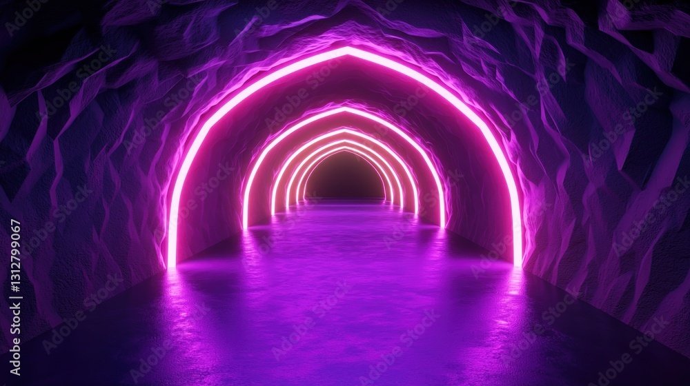 Fototapeta premium Glowing neon arches in a dark cave.