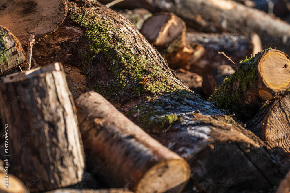 moss-covered logs in sunlight after tree felling. moss-covered logs in sunlight after tree felling.