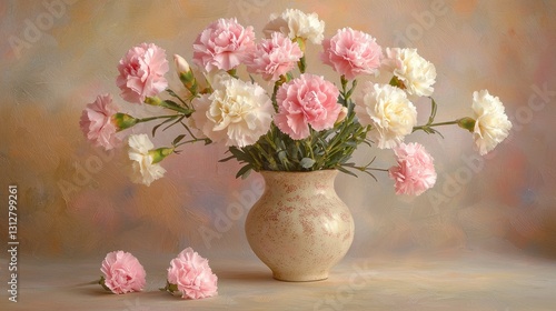 Wallpaper Mural Pink and white carnations in a beige vase on a textured background. Torontodigital.ca