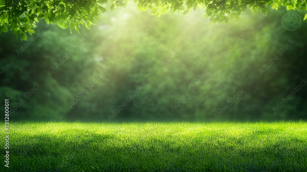 Naklejka premium A bright and vivid green grassy meadow under sunlit forest