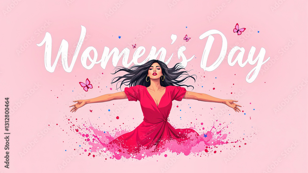 Obraz premium Woman in Red Dress with Outstretched Arms and Watercolor Splashes with 'Women's Day' Text.