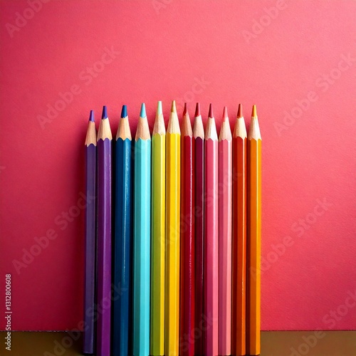 Aufgereihte Buntstifte vor einer pastellfarbenen pinken Wand.