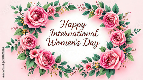 Circular Wreath of Pink Roses and Green Leaves on Light Pink Background with Women's Day Text.