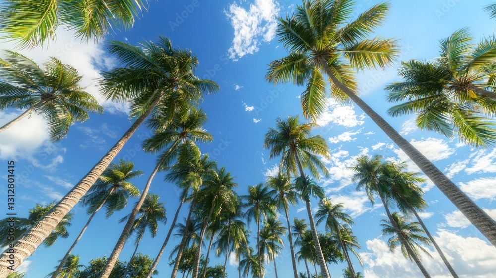Tropical Paradise: A Low-Angle View of Majestic Palm Trees Against a Vivid Blue Sky Tropical Paradise: A Low-Angle View of Majestic Palm Trees Against a Vivid Blue Sky