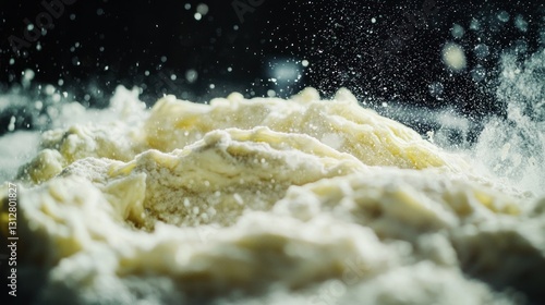 Close-up of floury dough with splashing flour.