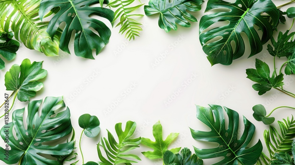 A collection of vibrant green leaves arranged around a blank space, ideal for backgrounds or nature themes. A collection of vibrant green leaves arranged around a blank space, ideal for backgrounds or nature themes.