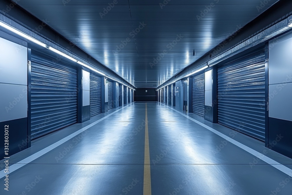 Fototapeta premium Modern storage facility with illuminated corridor and metal doors at nighttime