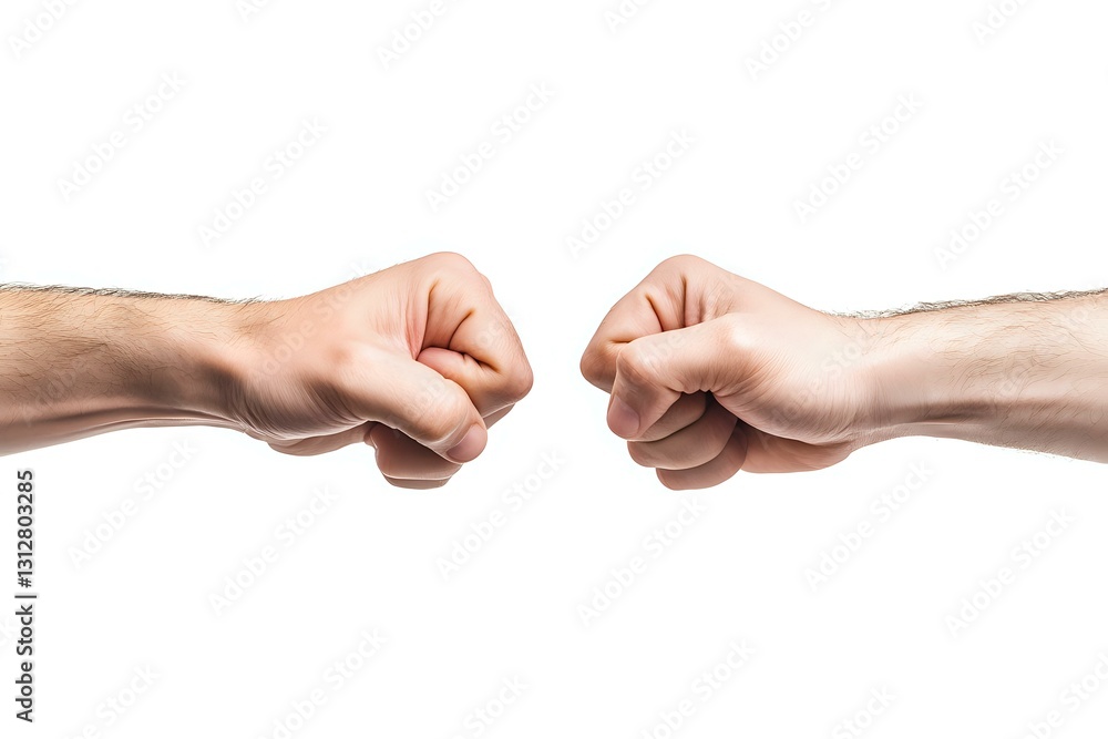 Two clenched fists facing each other against white background, symbolizing confrontation, competition, conflict or challenge in business and personal relationships. Two clenched fists facing each other against white background, symbolizing confrontation, competition, conflict or challenge in business and personal relationships.