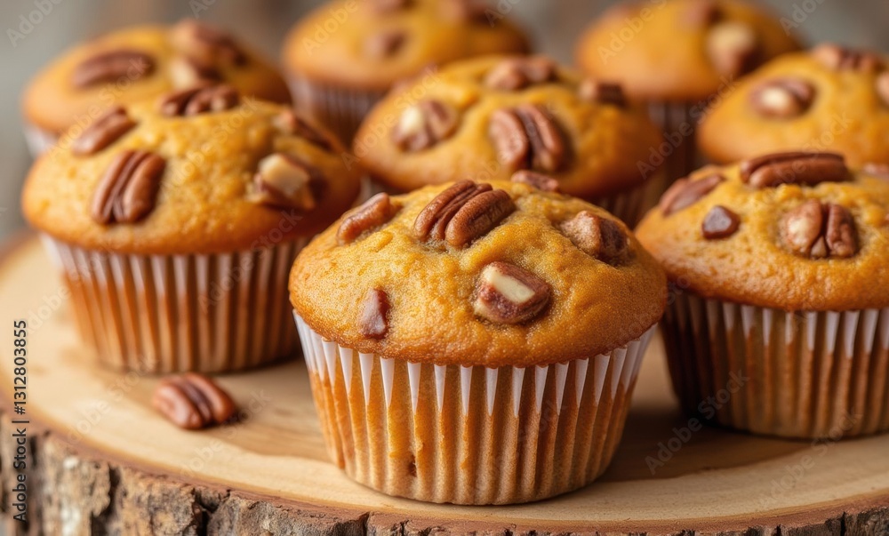 Delicious pecan muffins on wood Delicious pecan muffins on wood