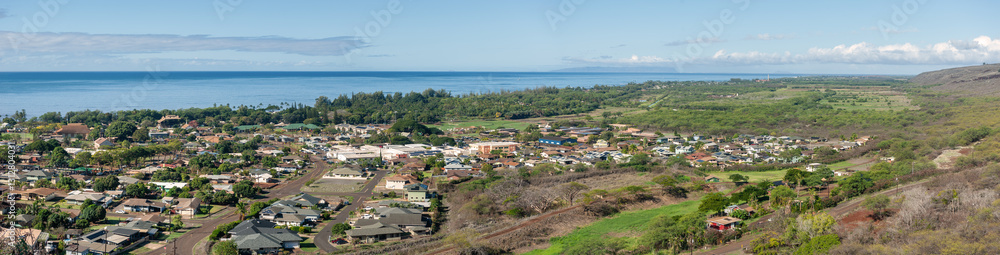 Fototapeta premium Panoramic view of the town of Waimea, Kauai, Hawaii on the southwest side of the island. Waimea is a quiet town on the outskirts of the state parks that takes up a large section of the island.