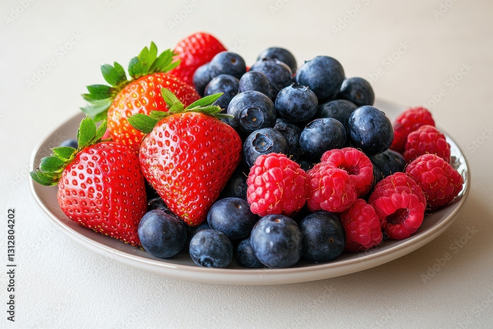 Vibrant mix of strawberries, blueberries, and raspberries displayed on a neutral plate inviting healthy snacking options Vibrant mix of strawberries, blueberries, and raspberries displayed on a neutral plate inviting healthy snacking options