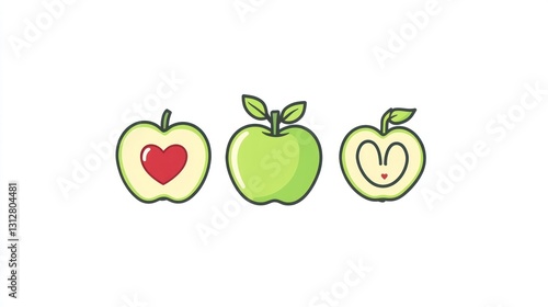 Cute apple slices, stages of ripening, heart shaped core, digitally drawn, food illustration