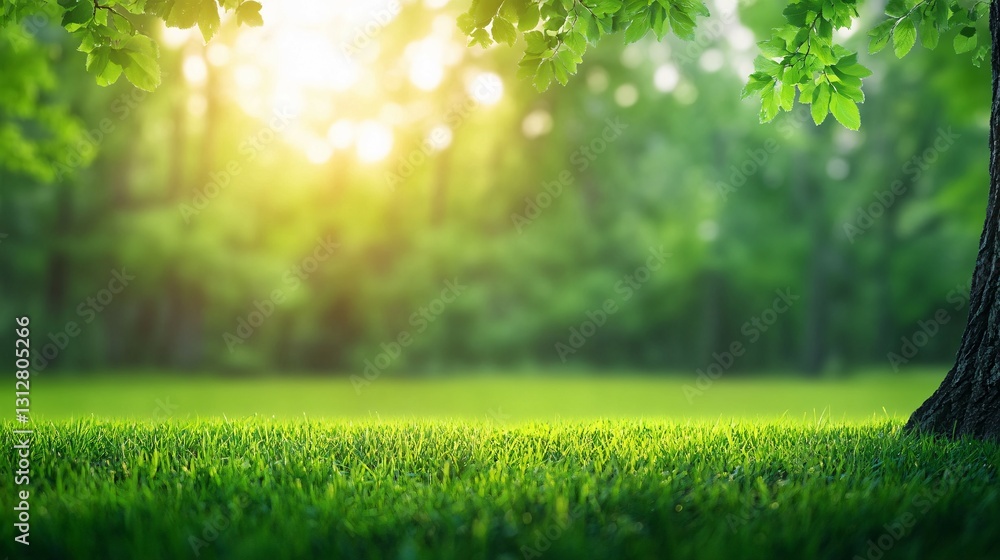 Fototapeta premium A vibrant green meadow with trees and bright sunlight filtering through