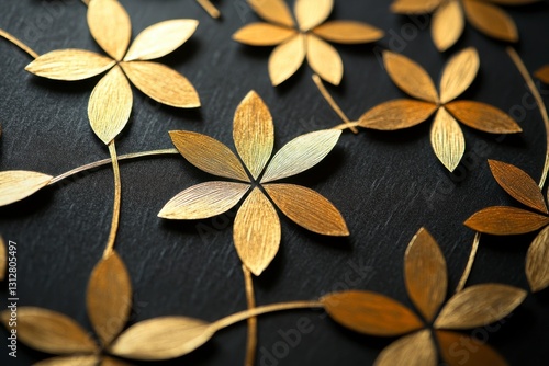 Golden Petal Flowers on Black Surface - Metallic Floral Pattern Backdrop