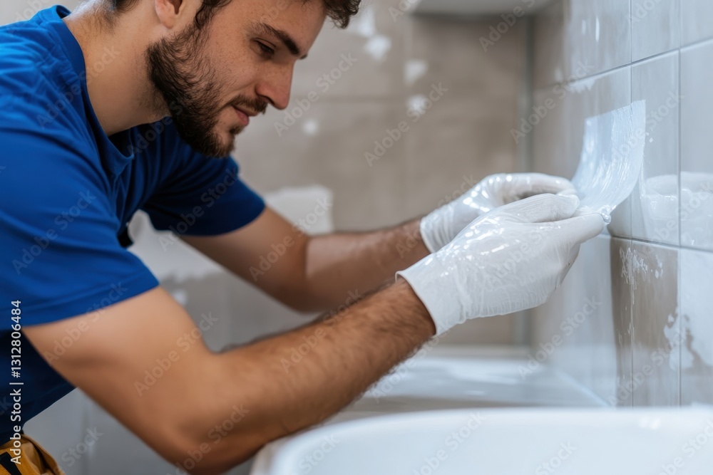 Obraz premium A focused young man in a blue shirt carefully installs tiles in a bathroom, showcasing diligence and craftsmanship in home improvement endeavors.