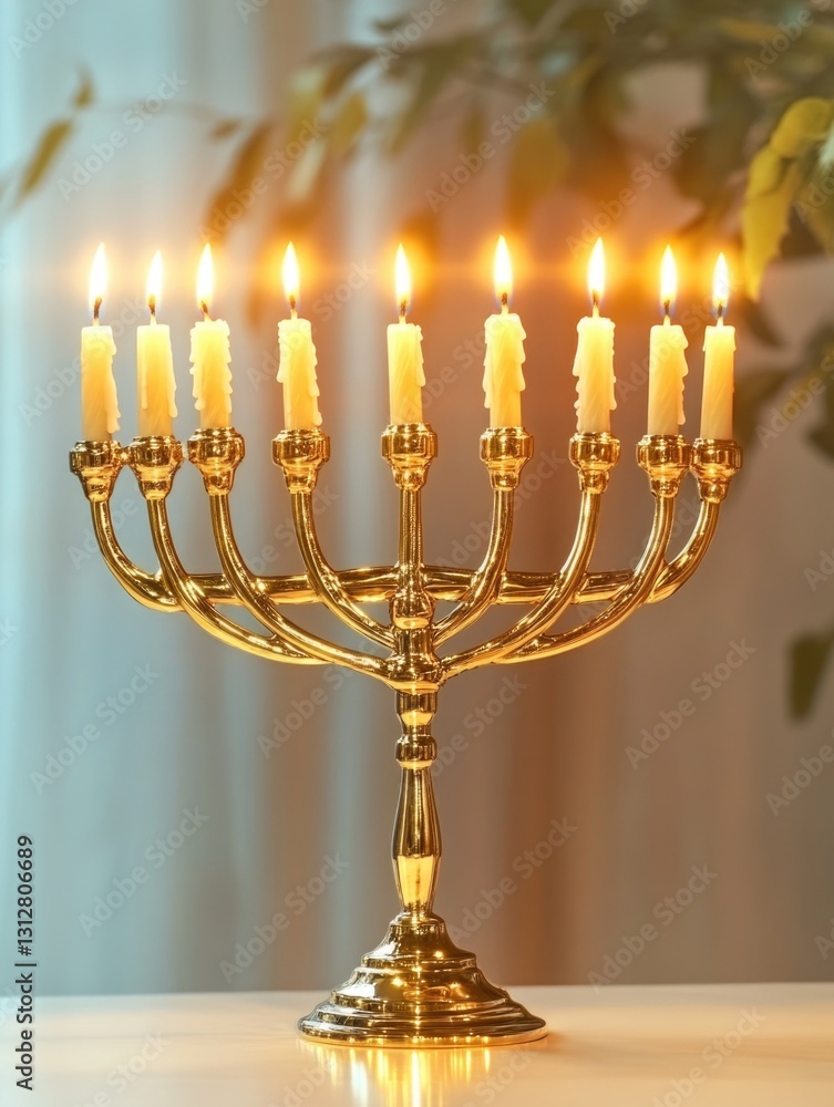 A golden menorah with lit candles, symbolizing the Jewish festival of lights. A golden menorah with lit candles, symbolizing the Jewish festival of lights.