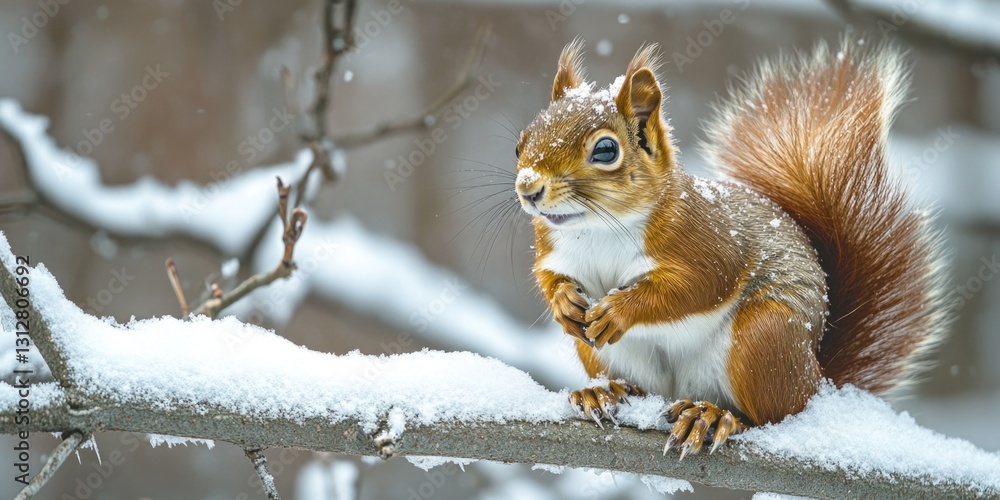 Warm brown squirrel with light tan stripes on head and back, sitting on snow-covered branch of tree during winter day. Warm brown squirrel with light tan stripes on head and back, sitting on snow-covered branch of tree during winter day.