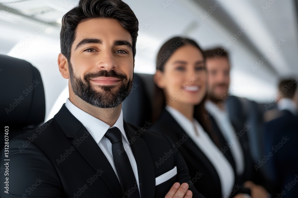 A professional cabin crew team smiles confidently in an aircraft cabin, representing dedication and service excellence in the aviation industry. A professional cabin crew team smiles confidently in an aircraft cabin, representing dedication and service excellence in the aviation industry.