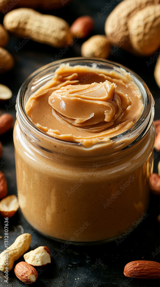 Jar with peanut butter on wooden background, close up. National Peanut Butter Day Jar with peanut butter on wooden background, close up. National Peanut Butter Day