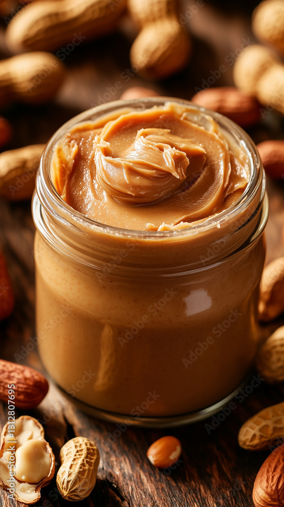 Jar with peanut butter on wooden background, close up. National Peanut Butter Day Jar with peanut butter on wooden background, close up. National Peanut Butter Day