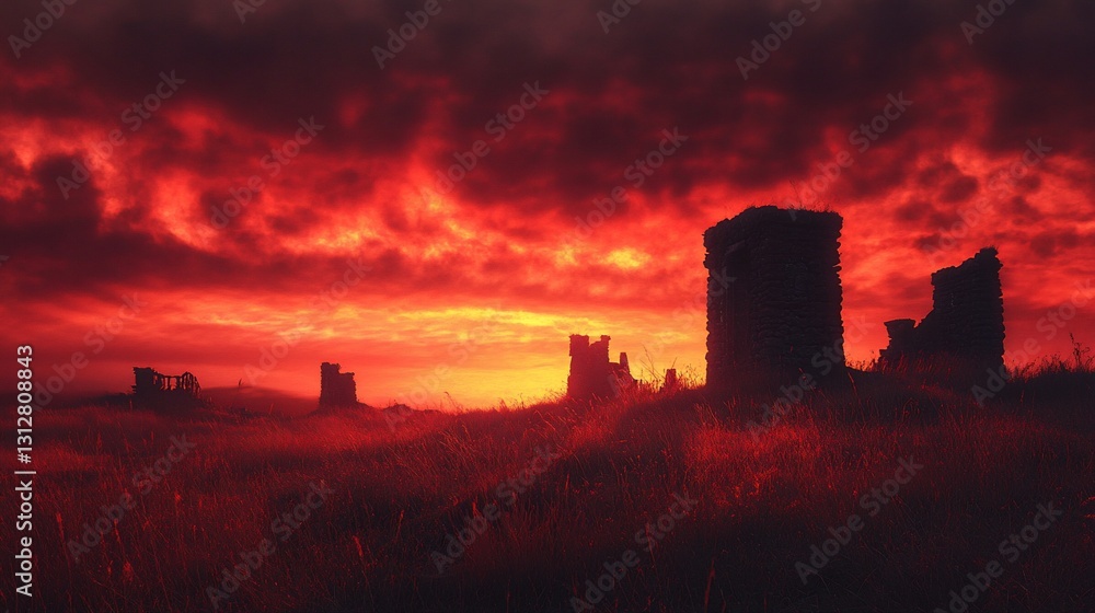 Obraz premium Fiery sunset over ancient castle ruins in a grassy field.