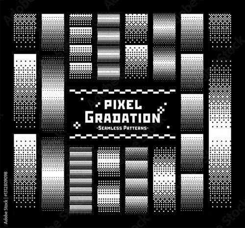 シンプルなドット絵のシームレスパターン　セット　黒から透明（白）のグラデーション　四角