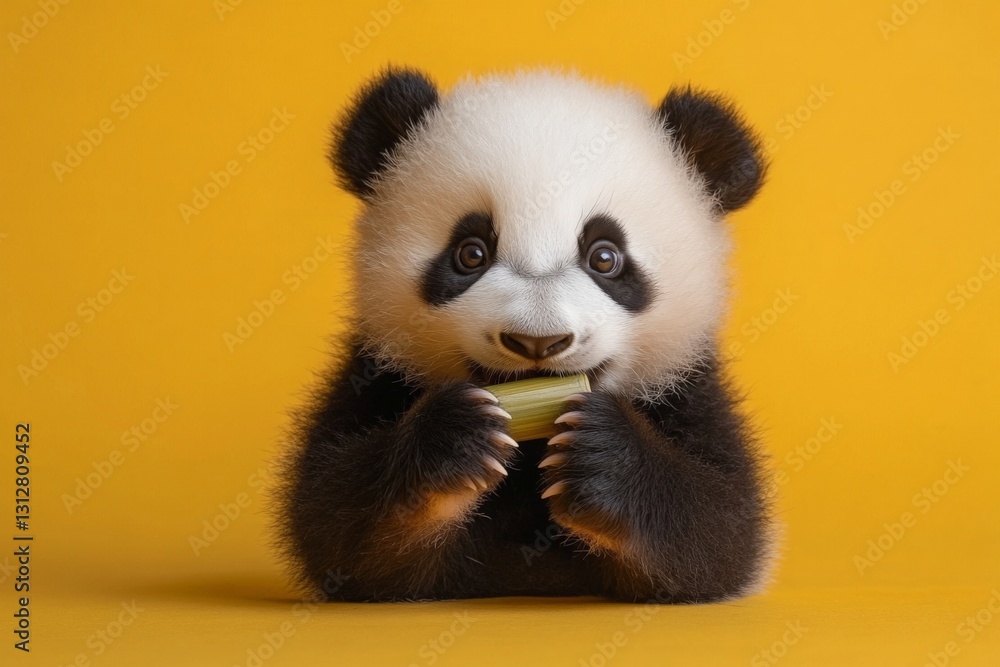 Obraz premium Cute baby panda holding bamboo shoots against a bright yellow background