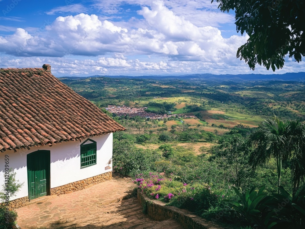 Fototapeta premium Rural brick house with terra cotta roof tiles overlooking green mountains and valleys, under blue sky.