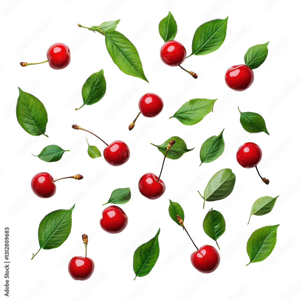 Bright red cherries with green leaves arranged in a decorative pattern on a white background Bright red cherries with green leaves arranged in a decorative pattern on a white background