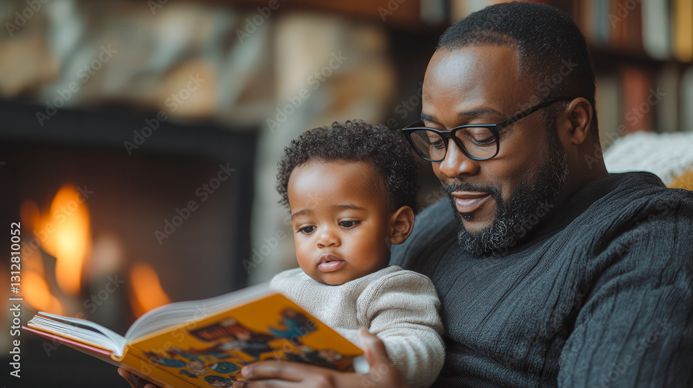 Father enjoys reading a storybook aloud to his child by the cozy fireplace during a quiet evening at home Father enjoys reading a storybook aloud to his child by the cozy fireplace during a quiet evening at home