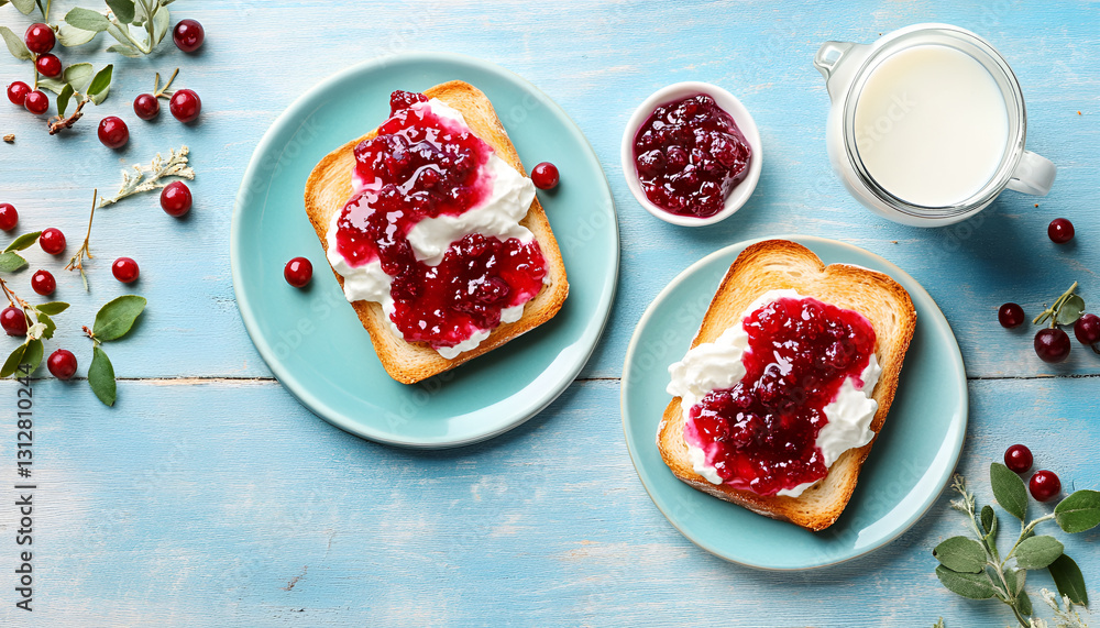 Delicious toasts with jam and milk on light blue wooden table, flat lay