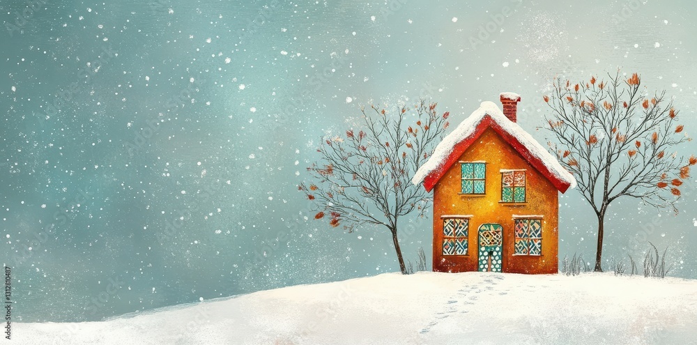 Fototapeta premium A cozy illuminated house in a serene snow covered winter landscape