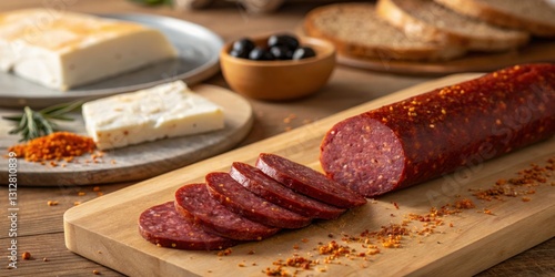 Sliced cured meat and cheese on wooden board with olives and bread in a rustic setting