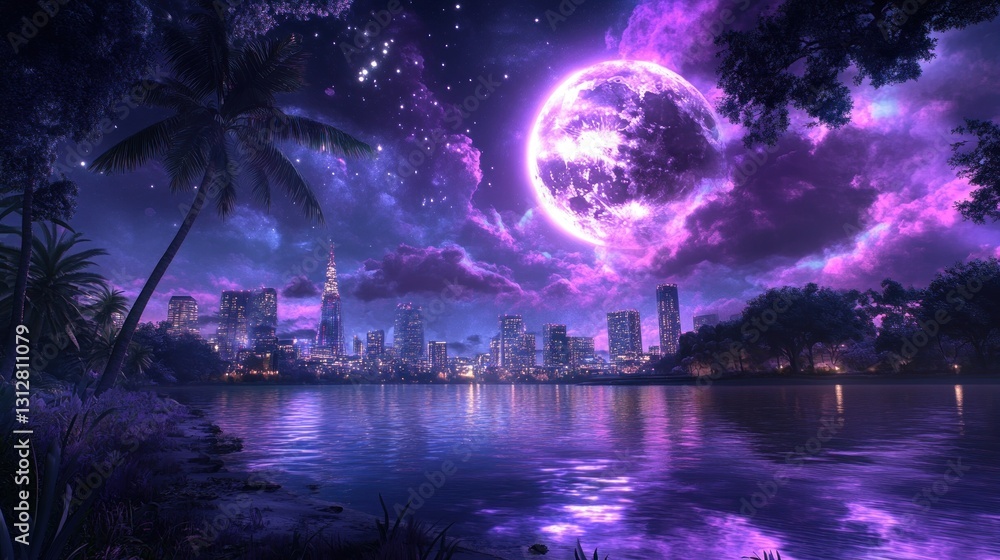 Fototapeta premium Purple Moonlight Cityscape: A Dreamlike Nightscape