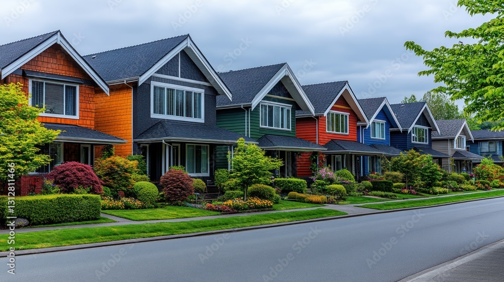 Colorful houses line suburban street, spring landscaping Colorful houses line suburban street, spring landscaping