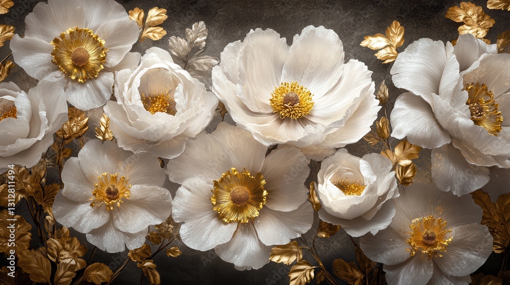 Obraz premium A close-up of blooming flowerbeds features stunning white and golden flowers against a dark, moody, textured background.