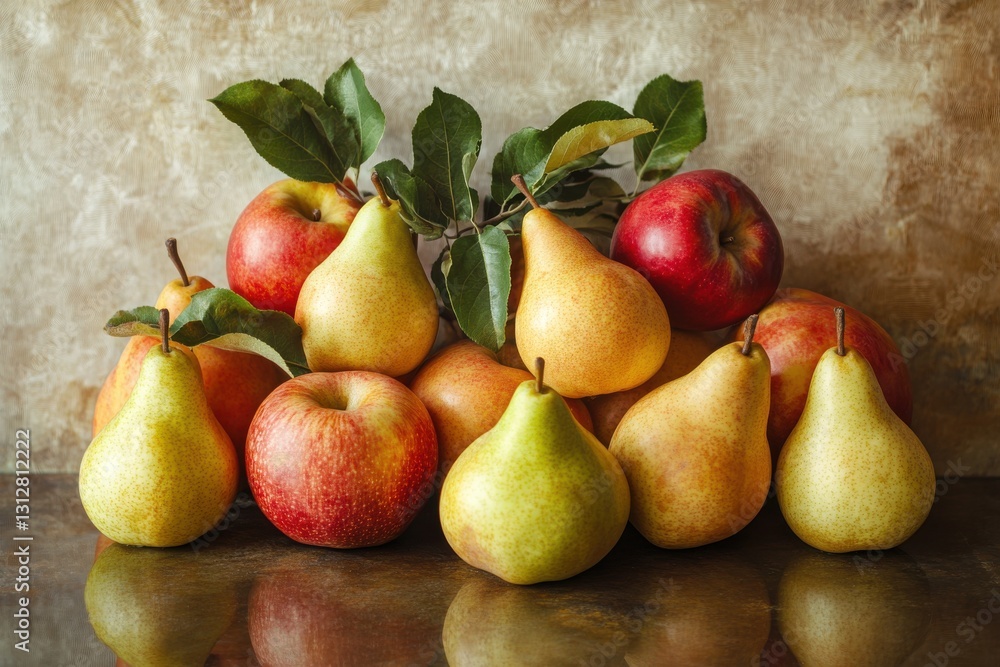 Vibrant autumn harvest with red apples and yellow pears arranged beautifully on rustic wooden table Vibrant autumn harvest with red apples and yellow pears arranged beautifully on rustic wooden table