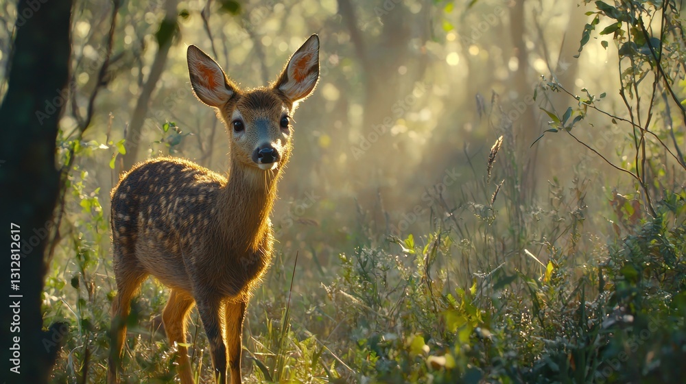 Fawn in sunlit forest. Fawn in sunlit forest.