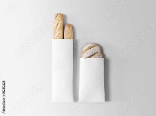 Mockup of Paper Bread Bags with Fresh Baguette and Round Loaf on White Background