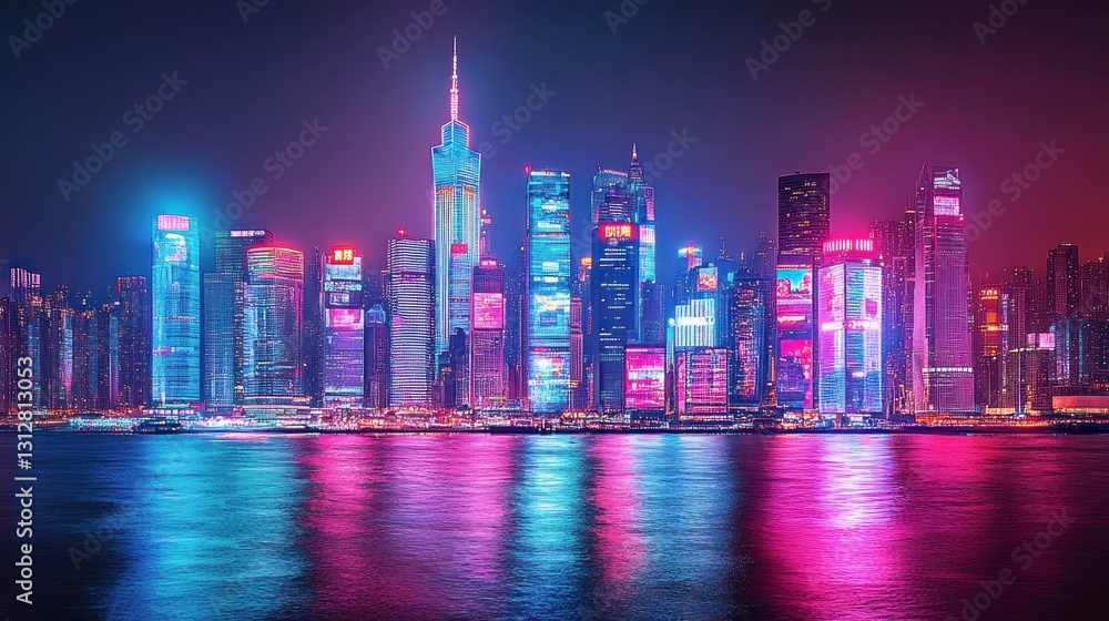 Fototapeta premium Neon Skyline: Hong Kong's Dazzling Nightscape