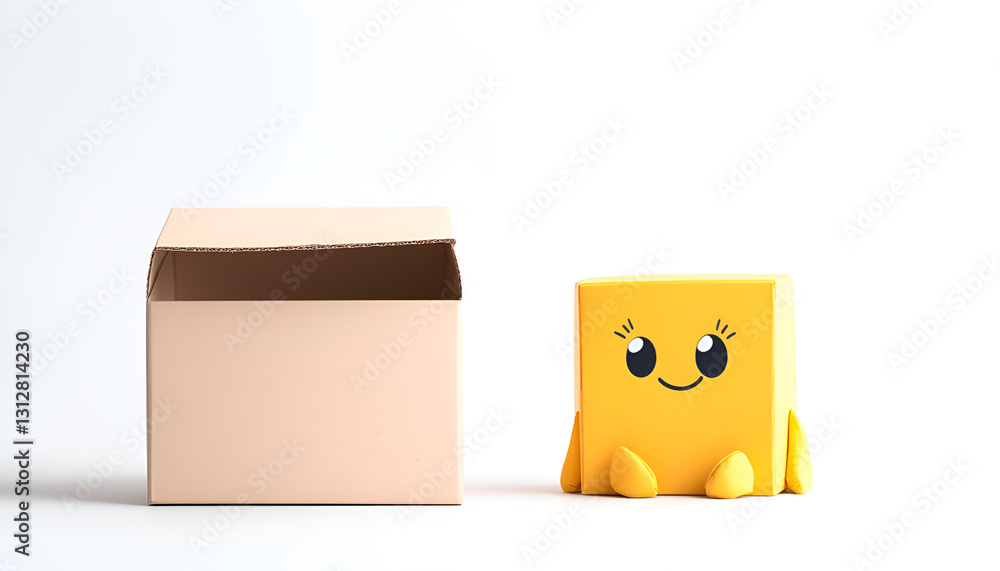 Obraz premium Think outside the box concept with cute box character sitting thoughtfully next to an empty container, on a white plain background. Space for copy text