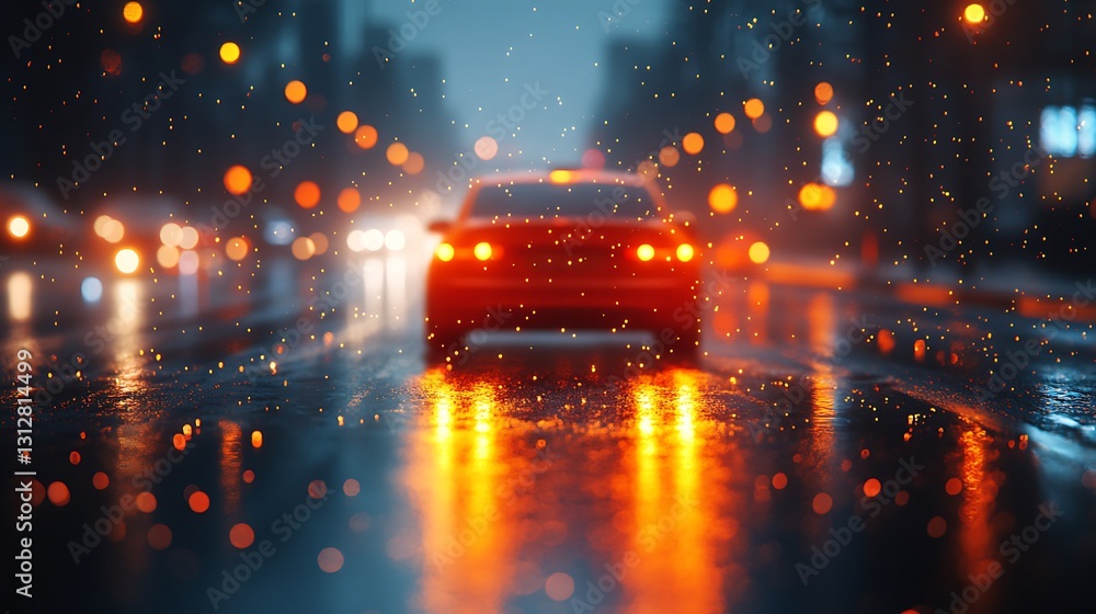 A red automobile driving on a rain slicked city street at night A red automobile driving on a rain slicked city street at night