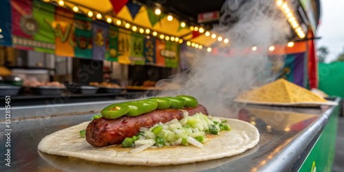Steaming hot sausage on a taco with fresh toppings at a food festival in an outdoor setting
