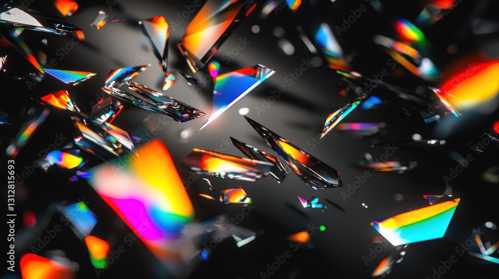 Shattered glass fragments with rainbow reflections on dark background. Shattered glass fragments with rainbow reflections on dark background.