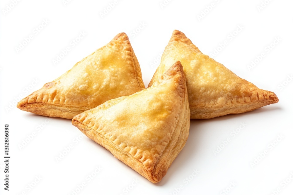 Three bite-sized samosas with golden flaky pastry and a filling of spiced potatoes, onions, and peas. Three bite-sized samosas with golden flaky pastry and a filling of spiced potatoes, onions, and peas.