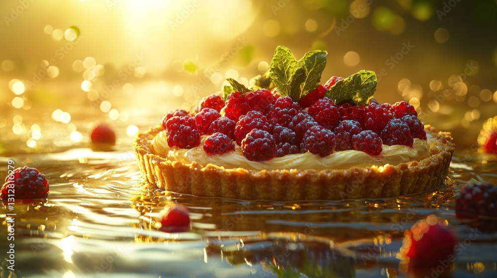 Delicious raspberry tart floating on water at sunset. Delicious raspberry tart floating on water at sunset.
